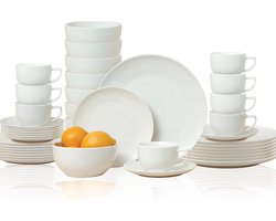 alpina serviesset 8 Persoons - Aardewerk Servies 40-Delig - Bordenset met Ontbijtborden, Dinerborden, Kommen, Kopjes en Schotels - Servies Set Vaatwasser- en Magnetronbestendig - Wit
