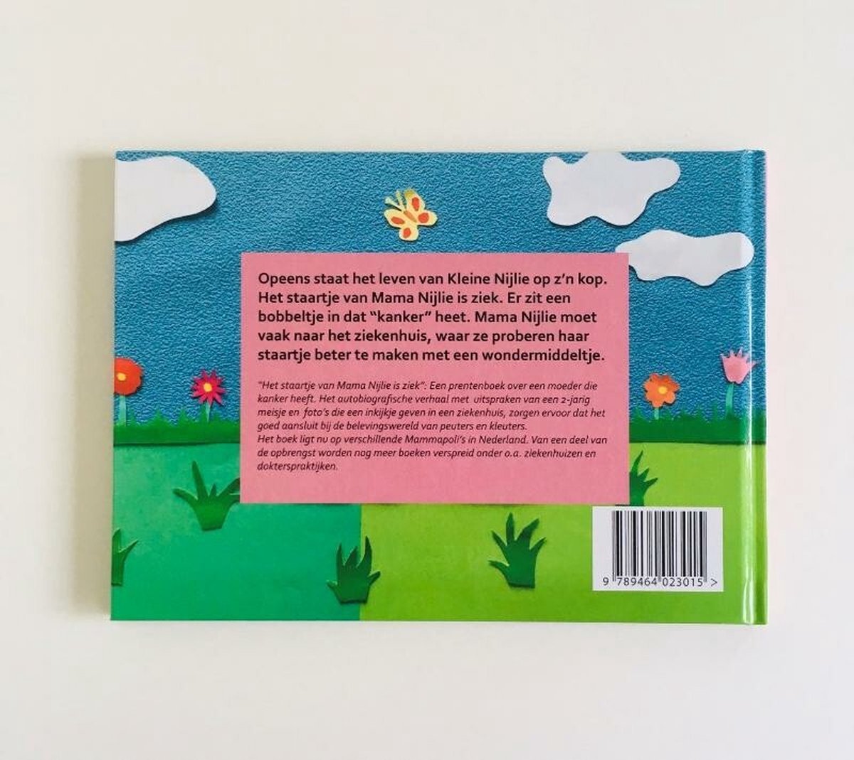 Achterkant van het boek 'Het staartje van Mama Nijlie is ziek' met een illustratie van wolken en bloemen
