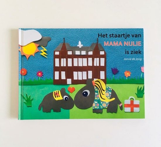Boek 'Het staartje van Mama Nijlie is ziek' met een bruin huis en twee eendenfiguren