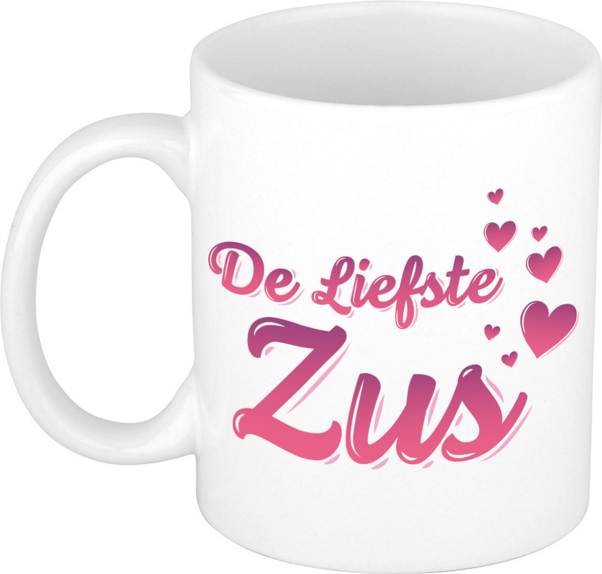 De liefste zus cadeau - koffiemok - drinkbeker - wit - met roze hartjes - verjaardagscadeau
