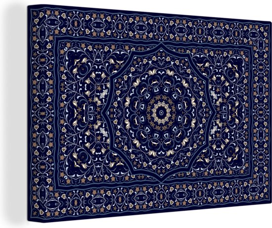 Canvas Schilderij Perzisch Tapijt - Mandala - Blauw - 90x60 cm - Wanddecoratie
