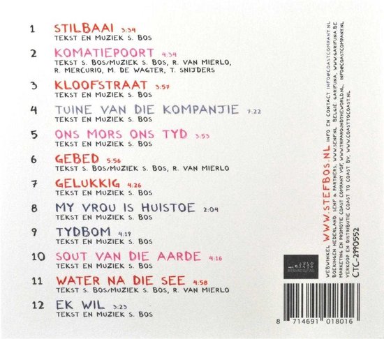 Achterkant CD: Tracklist met nummers, artiest en componist. 'STEF BOS KLOOFSTRAAT' is nummer 3. Met website en barcode.