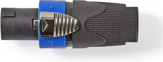Zwarte connector met blauwe ring en metalen clip, zwarte behuizing met ribbels.