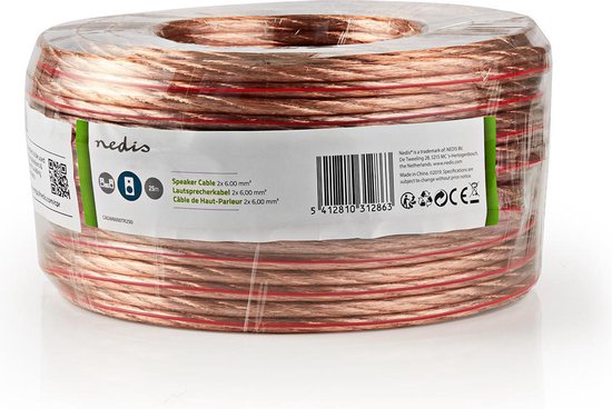 Rol transparante luidsprekerkabel met rode strepen, verpakt in plastic folie met Nedis-label.