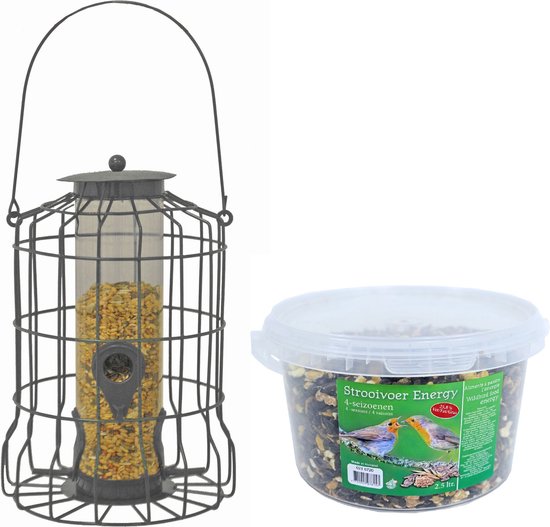 Vogel voedersilo voor kleine vogels metaal grijs 36 cm inclusief 4-seizoenen energy vogelvoer - Vogel voederstation