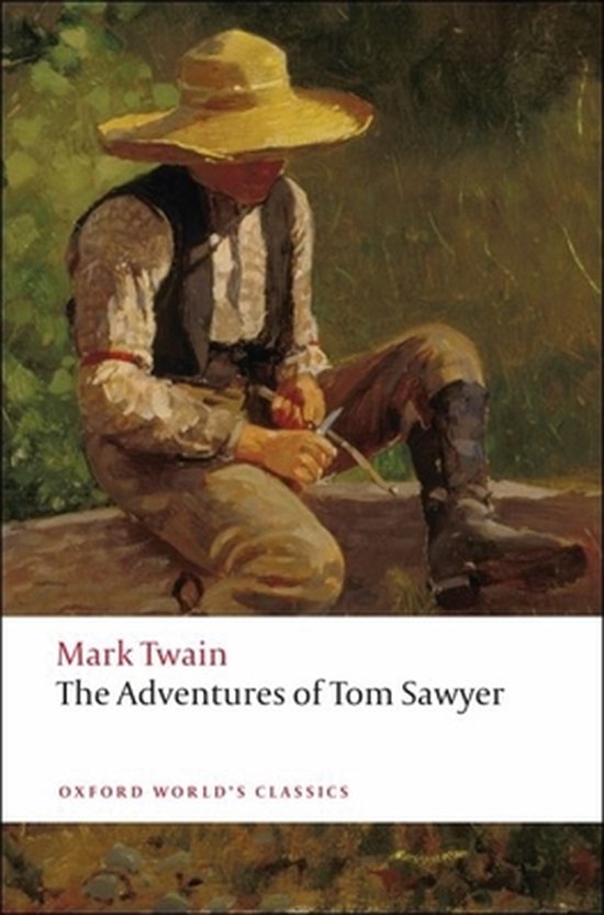 De omslag van 'The Adventures of Tom Sawyer' van Mark Twain met een schilderij van een jongen in strooien hoed en vest.