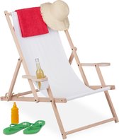 relaxdays strandstoel inklapbaar - houten ligstoel - campingstoel verstelbaar - armleuning wit