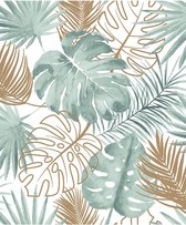 Escapade feuilles de palmier vert / or nature (papier peint intissé, or)
