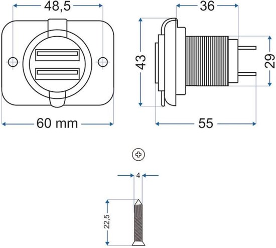 Technische tekening van dubbele USB-poort met afmetingen.