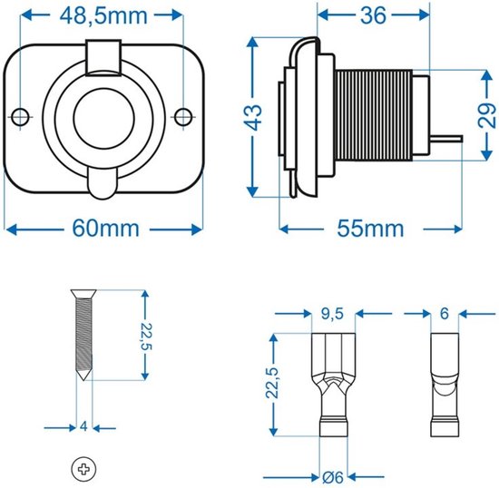 Technische tekening van een sigarettenaansteker inbouwdoos met afmetingen.
