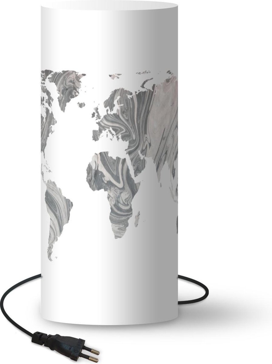 Lamp - Nachtlampje - Tafellamp slaapkamer - Wereldkaart - Verf - Grijs - 70 cm hoog - Ø29.6 cm - Inclusief LED lamp