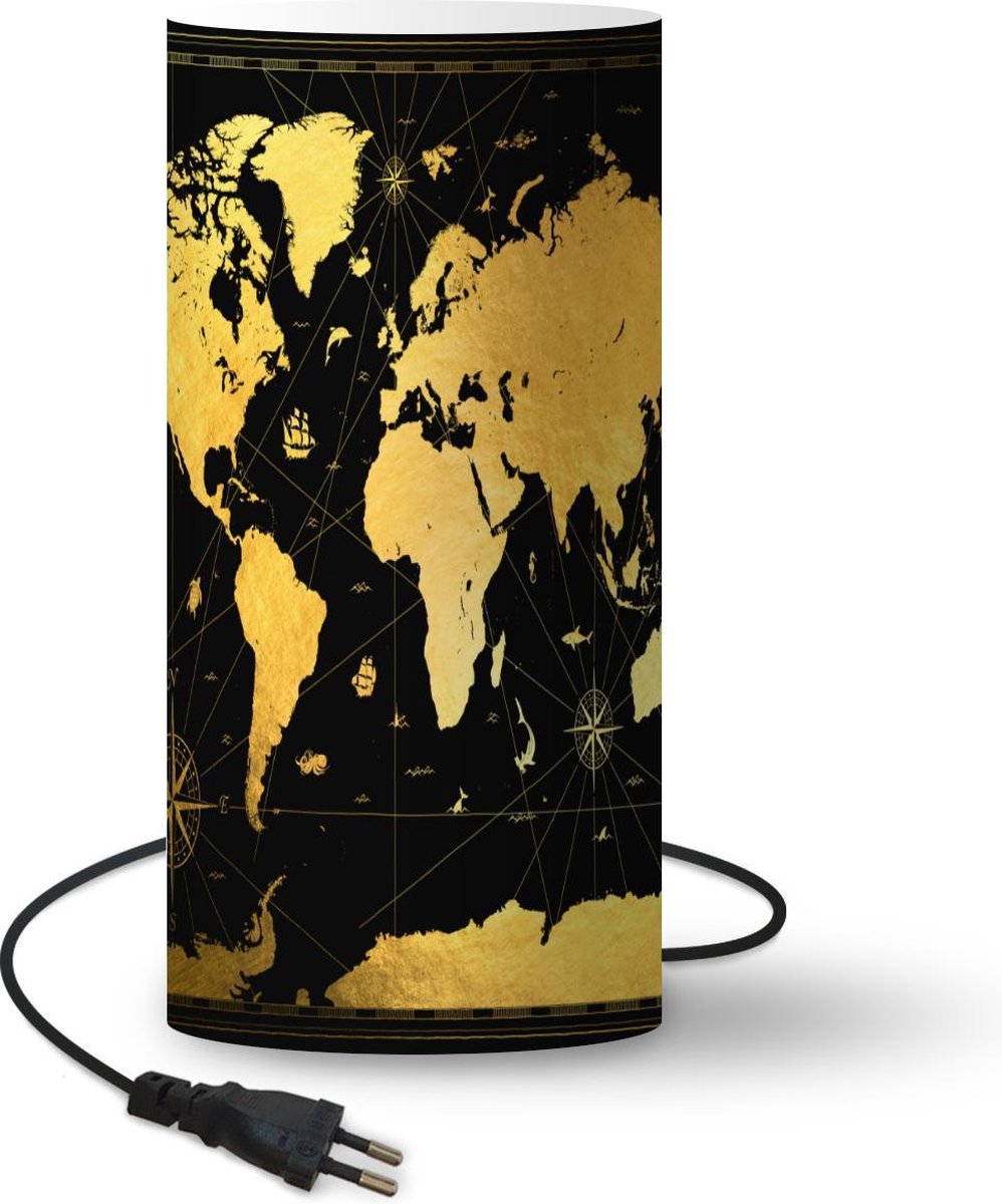 Lamp - Nachtlampje - Tafellamp slaapkamer - Wereldkaart - Goud - Zwart - Luxe - 33 cm hoog - Ø15.9 cm - Inclusief LED lamp