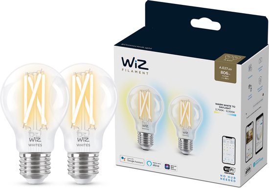 WiZ Ampoule transparente à filament 60 W A60 E27 x2, Ampoule intelligente, Wi-Fi, Transparent, LED, E27, Blanc