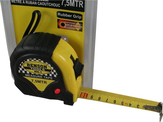 Benson meetlint 7.5M in verpakking. De rol is geel en zwart met 'Rubber Grip'.