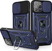 iPhone 13 Pro Max Hoesje met Camera Bescherming Blauw  - Hoesje iPhone 13 Pro Max met ring houder Rugged Armor Back Cover - Case - Camera Schuif
