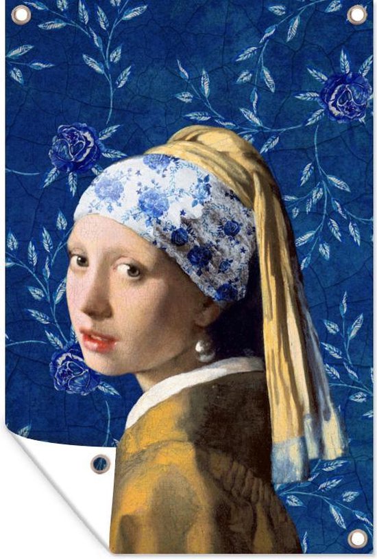Tuinposters buiten Meisje met de parel Delfts blauw Vermeer Bloemen Schilderij... bol Tuinposters buiten Meisje met de parel Delfts blauw Vermeer Bloemen Schilderij... bol