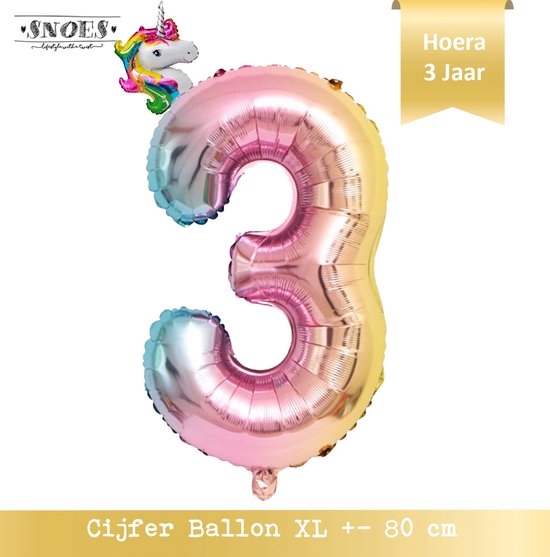 3 Jaar Folie Ballon Regenboog * 80 cm ballon * Snoes * Verjaardag Hoera 3 Jaar met Mini Unicorn Ballon * Eenhoorn Ballon * Feestje * Versieren * Magical * Cijfer ballon 3 Jaar * Derde Verjaardag