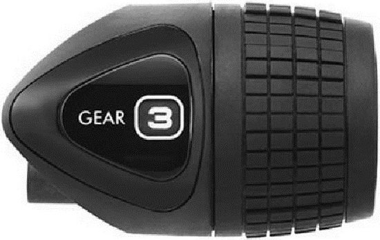 Zwarte draaigreep met "GEAR" en "3" aanduiding, met grip textuur.