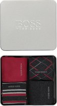 HUGO BOSS cadeauset sokken - metalen giftbox met 4 paar heren sokken - antraciet en rood uni en dessin -  Maat: 40-46