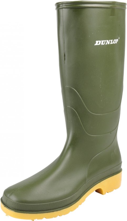 Groene Dunlop regenlaars met gele zool, weergave vanaf de zijkant.