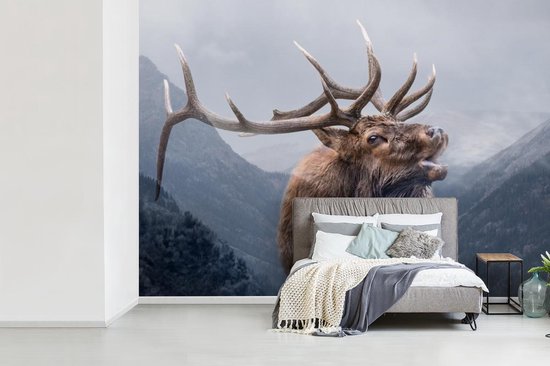 Papier peint photo peint photo vinyle - Double exposition cerf et montagnes largeur 360 cm x hauteur 260 cm - Tirage photo sur papier peint (disponible en 7 tailles)