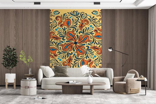 Motif carré et abstrait avec une fleur entourée de feuilles bleues sur fond jaune 225x350 cm