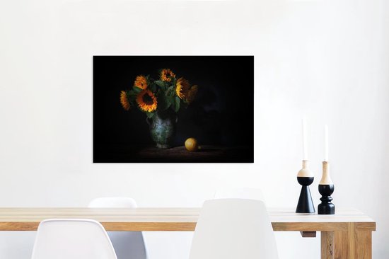 Nature morte de tournesols sur fond noir 90x60 cm - Tirage photo sur toile (Décoration murale salon / chambre)