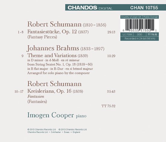 Cd-hoes met titel 'Imogen Cooper - Schumann & Brahms: Piano Works'. Bevat een tracklist en barcode.