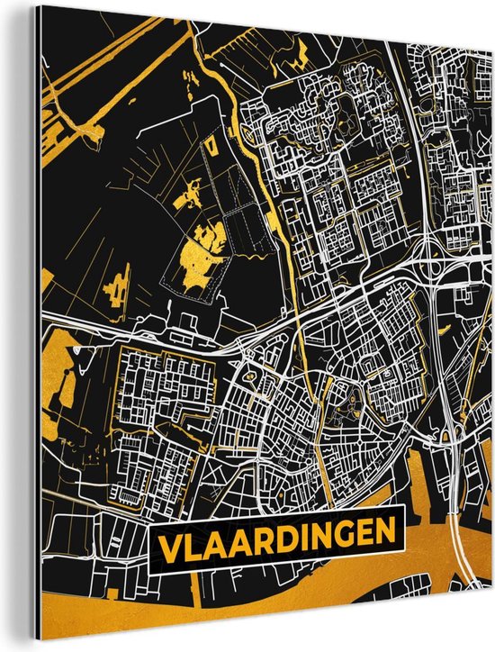 Wanddecoratie Metaal - Aluminium Schilderij Industrieel - Plattegrond - Vlaardingen - Goud - Zwart - 20x20 cm - Dibond - Foto op aluminium - Industriële muurdecoratie - Voor de woonkamer/slaapkamer - Stadskaart