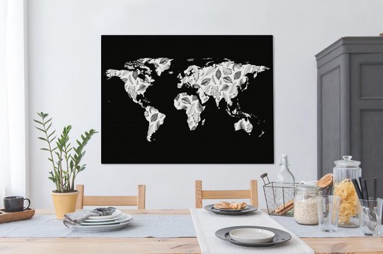 Décoration murale Carte du Wereldkaart - Plantes - Zwart - Toile - 120x90 cm