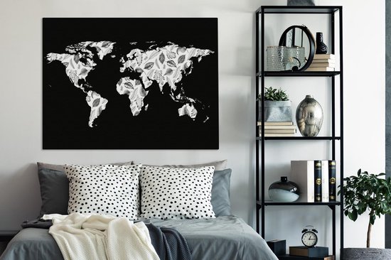 Décoration murale Carte du Wereldkaart - Plantes - Zwart - Toile - 120x90 cm