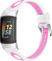 Siliconen Smartwatch bandje - Geschikt voor  Fitbit Charge 5 sport gesp band - wit/roze - Strap-it Horlogeband / Polsband / Armband