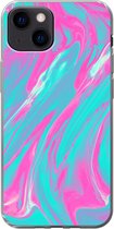 Geschikt voor iPhone 13 mini hoesje - Kunst - Roze - Blauw - Psychedelisch - Siliconen Telefoonhoesje