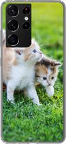 Geschikt voor Samsung Galaxy S21 Ultra hoesje - Kittens - Kat - Mand - Meisjes - Kinderen - Jongens - Kids - Siliconen Telefoonhoesje