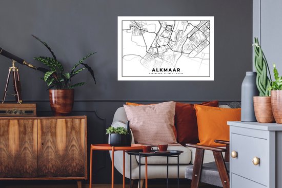 Stickers muraux - Plan de la ville - Alkmaar - Zwart - Wit - 90x60 cm - Feuille adhésive - Carte