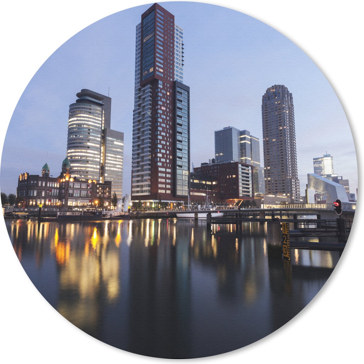 Muismat - Mousepad - Rond - Rotterdam - Wolkenkrabber - Water - 30x30 cm - Ronde muismat