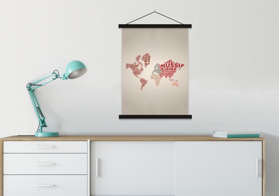 Wanddecoratie - Wereldkaart - Letters - Land - Schoolplaat - 90x120 cm - Textielposter - Textiel poster