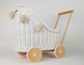 Rieten poppenwagen WIT met houten onderstel + pompons ecru