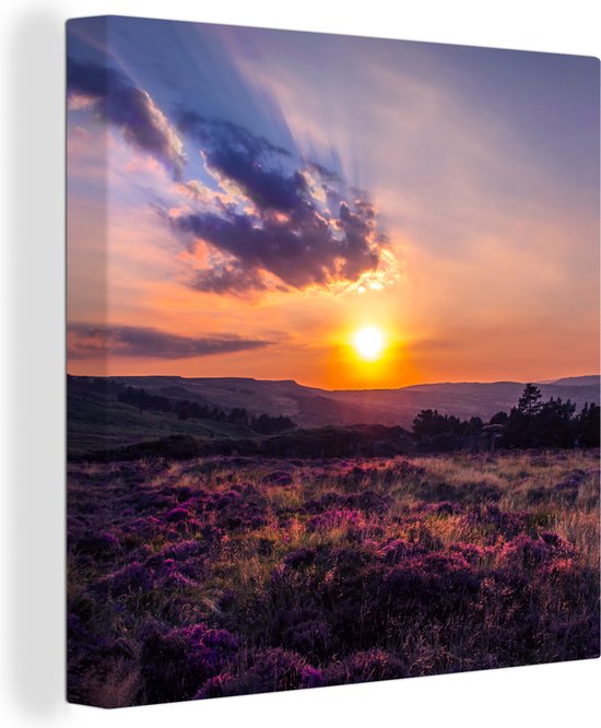 Tableau sur toile Coucher de soleil sur la lande - 20x20 cm - Décoration murale
