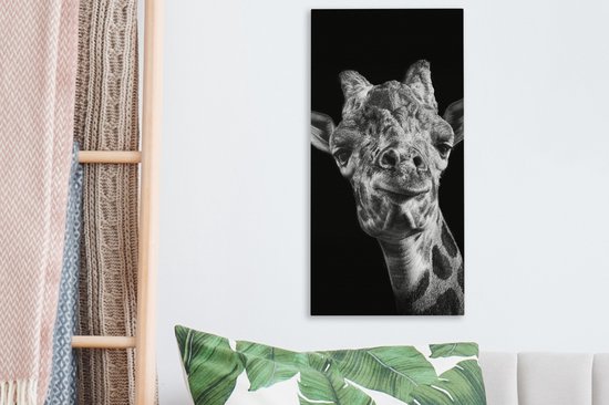Peinture sur toile Girafe - Animal - Zwart - Wit - 20x40 cm - Décoration murale