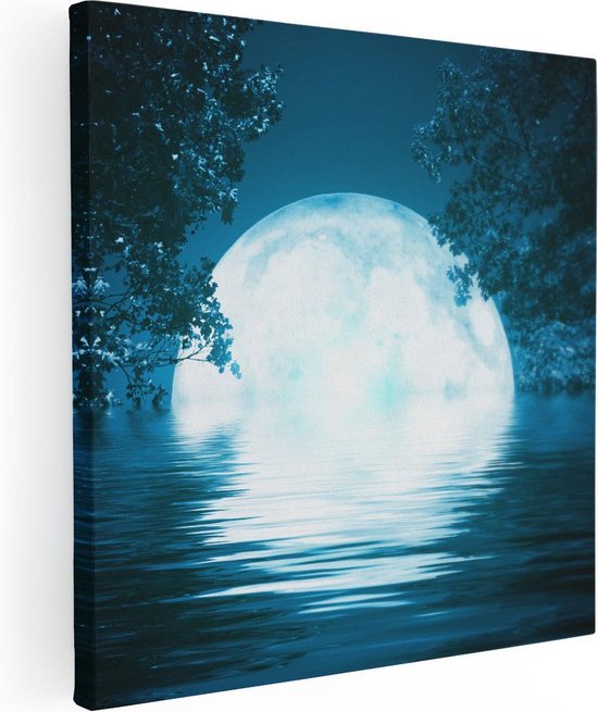 Artaza Canvas Schilderij Volle Maan in het Water - 80x80 - Groot - Foto Op Canvas - Canvas Print