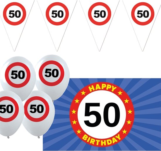 Verjaardag 50 jaar versiering pakket stopborden thema 5-delig - Abraham/Sarah thema - Leeftijd feestartikelen
