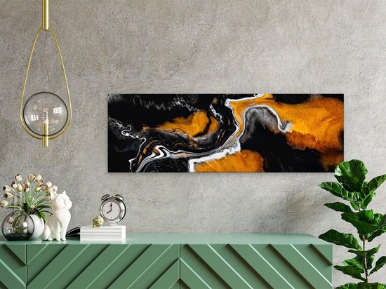 Artaza Canvas Schilderij Abstracte Kunst van Zwarte Gouden Verf - 60x20 - Foto Op Canvas - Canvas Print