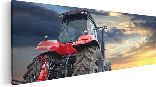 Artaza Canvas Schilderij Rode Tractor bij Zonsondergang - Trekker - 90x30 - Foto Op Canvas - Canvas Print