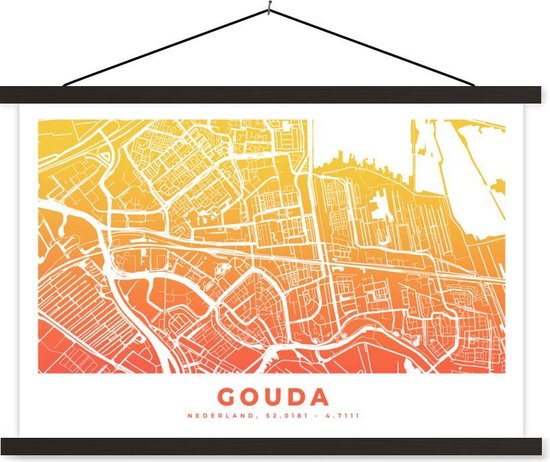 Porte-affiche avec affiche - Affiche scolaire - Plan de la ville - Gouda - Pays- Nederland - Jaune - 60x40 cm - Lattes noires - Carte