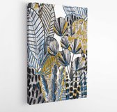 Canvas schilderij - Creative seamless pattern with tropical leaves. Trendy hand draw texture. -  1228177498 - 115*75 Vertical