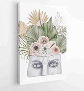 Canvas schilderij - Watercolor antique marble statue of half face with boho flowers, dried tropical palm leaf isolated isolated illustration sculpture -  Productnummer 1728214264 -
