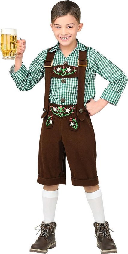 Widmann - Boeren Tirol & Oktoberfest Kostuum - Bruine Lederhosen Met Shirt Jong Geleerd Bierfeest - Jongen - Groen, Bruin - Maat 116 - Bierfeest - Verkleedkleding