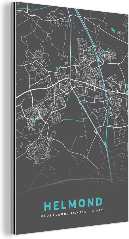 Wanddecoratie Metaal - Aluminium Schilderij Industrieel - Plattegrond - Helmond - Grijs - Blauw - 60x90 cm - Dibond - Foto op aluminium - Industriële muurdecoratie - Voor de woonkamer/slaapkamer - Stadskaart