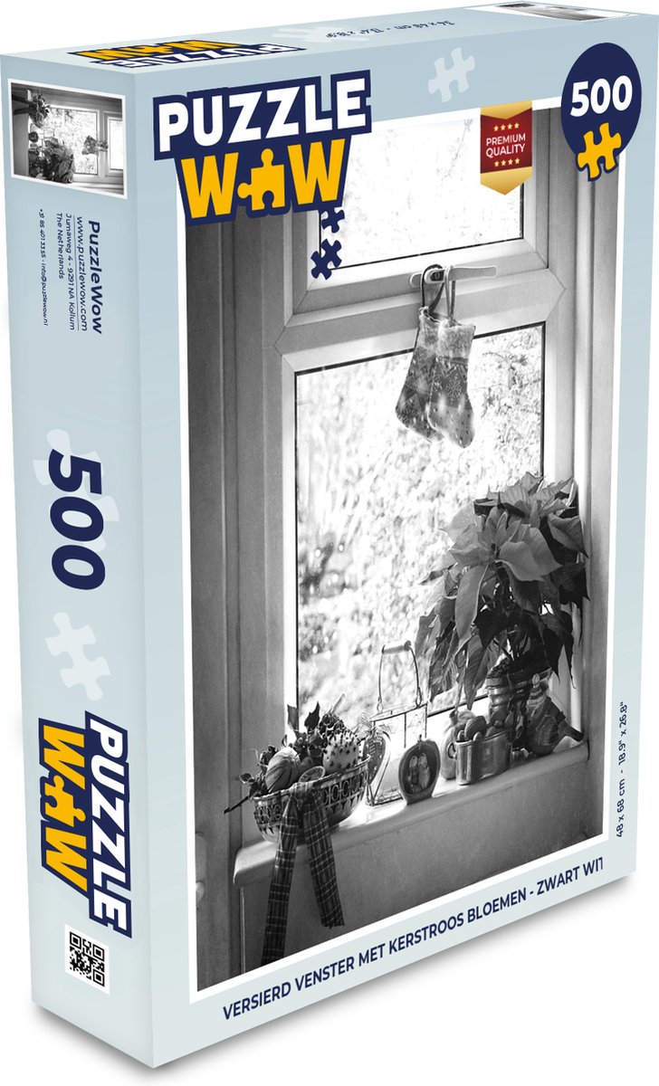 Puzzel Versierd venster met Kerstroos bloemen - zwart wit - Legpuzzel - Puzzel 500 stukjes - Kerst Puzzel - Christmas Puzzel